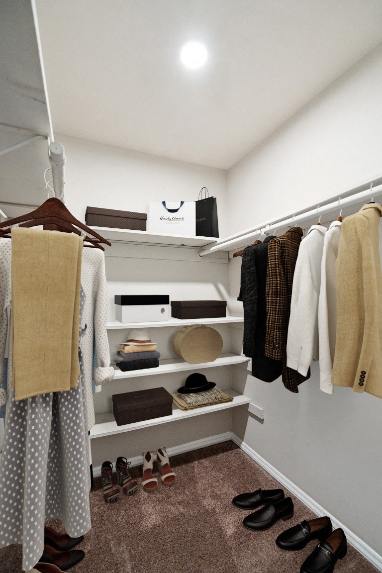 a walk in closet with white shelves and a white hanger  at Lake Johnson Mews, North Carolina, 27606