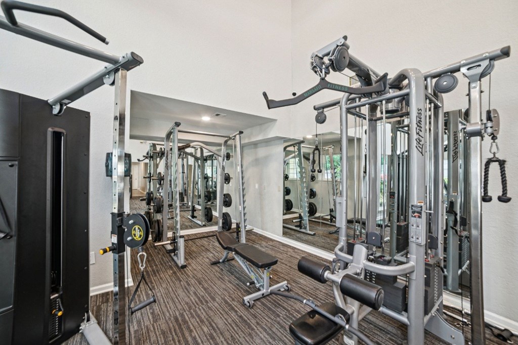 A gym with a variety of equipment including a squat rack, a leg press machine, and a cable machine at Willow Ridge Apartments, North Carolina, 28210