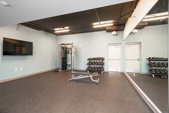 A gym with a mirror, weights, and a television.