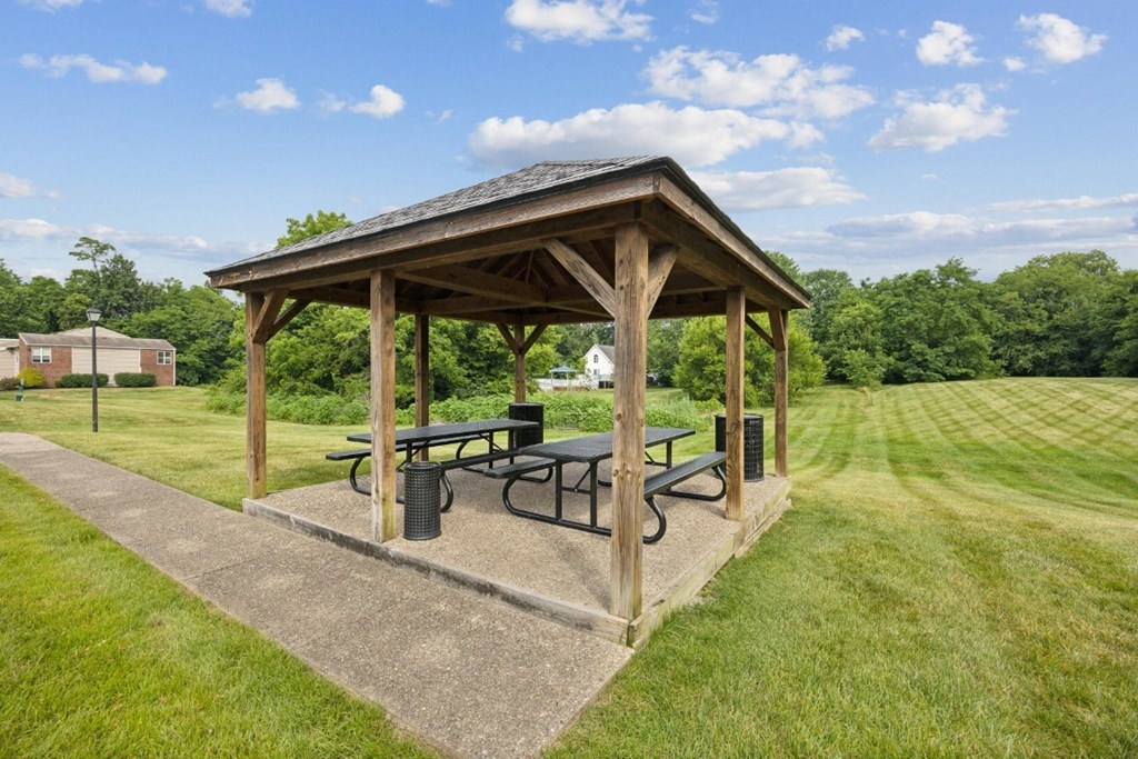 a pavilion with a picnic table in a park