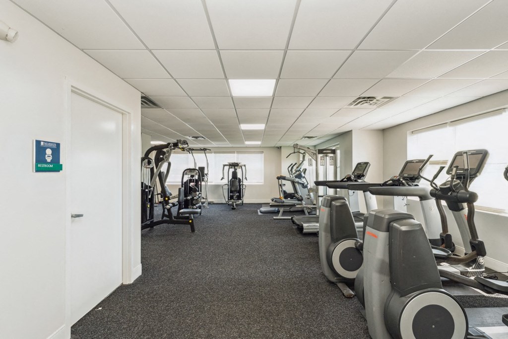 a gym with cardio machines and weights on the floor at The Lafayette Apartments, Colonial Place, Norfolk