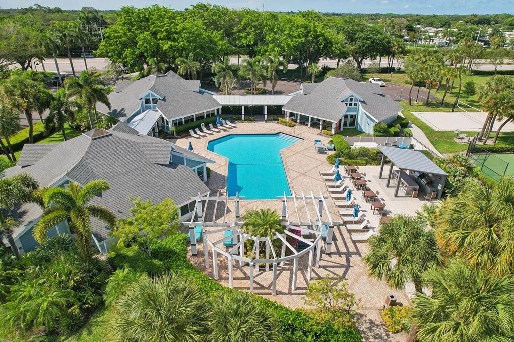 a aerial view of the resort with a swimming pool