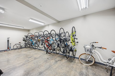 A room full of bicycles of different colors and types.