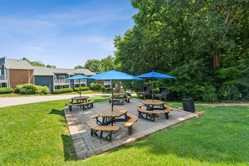 A sunny day at a park with picnic tables and umbrellas at Woodcreek Apartments, Cary, NC, 27511