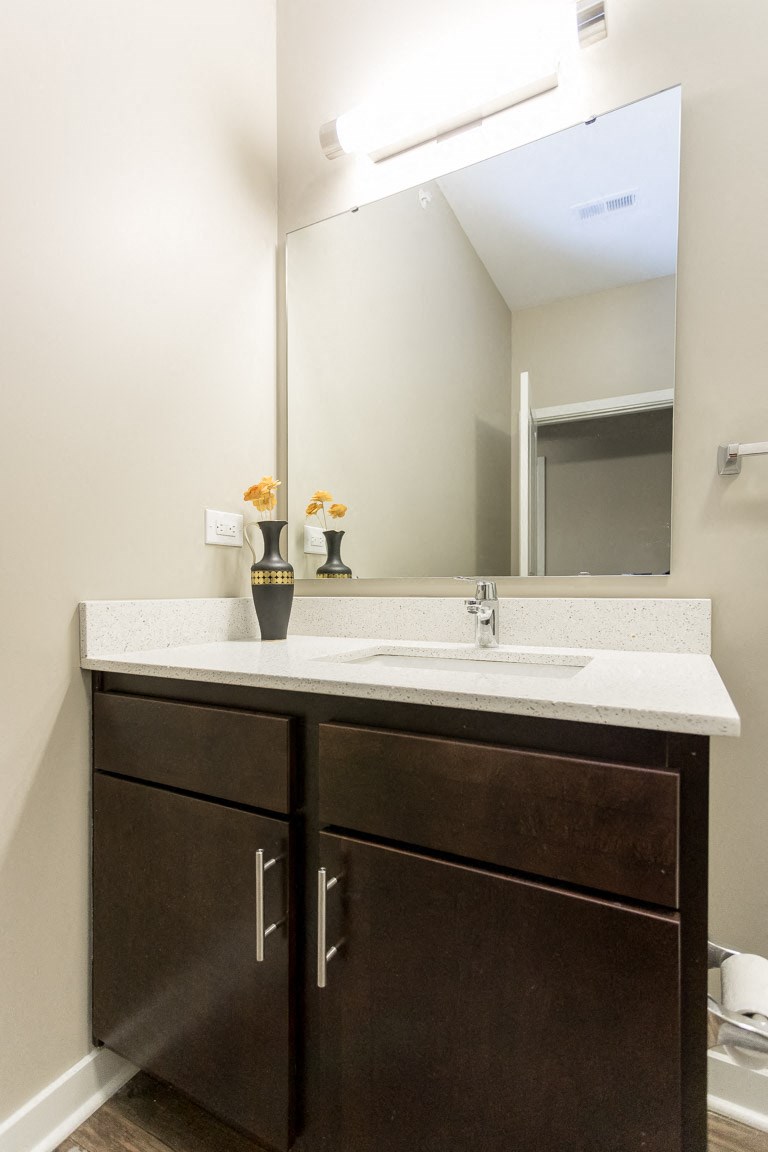 Renovated Bathrooms With Quartz Counters at AMP Apartments, PRG Real Estate, Louisville, KY, 40206