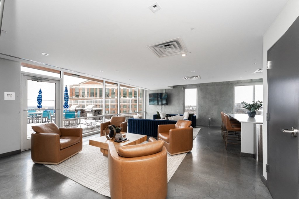 A modern office space with a view of the city.