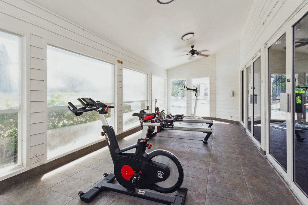 a row of exercise bikes in a room with windows