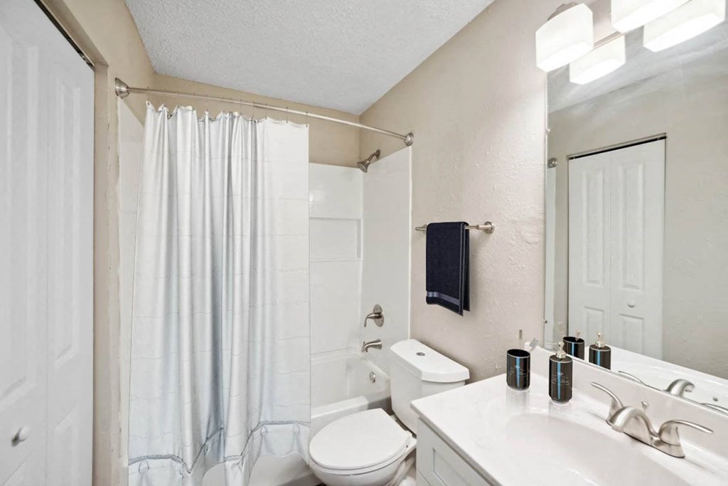 Bathroom with Shower at Lakecrest Apartments, PRG Real Estate Management, Greenville, SC