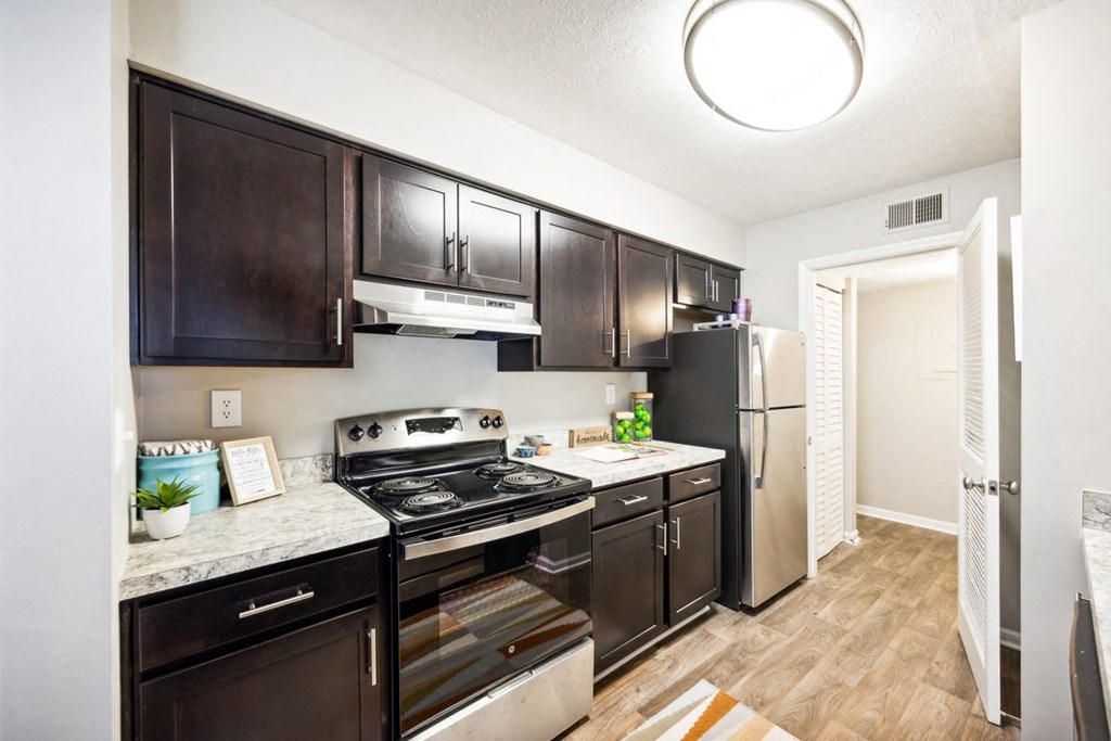 our apartments offer a modern kitchen with stainless steel appliances at River Oak Apartments, Louisville, KY, 40206