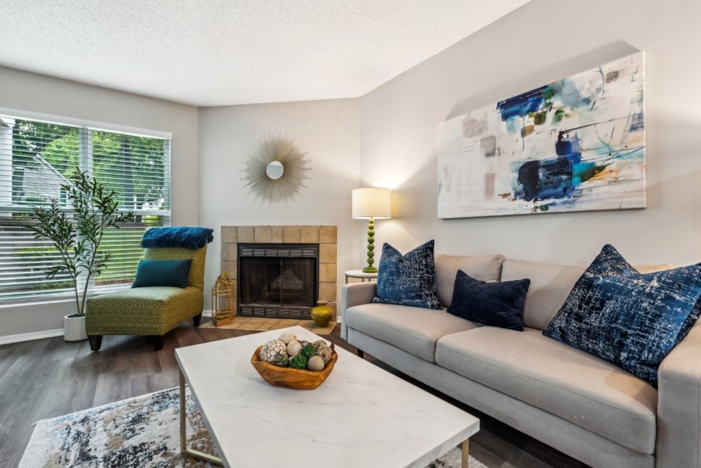Living Room With Fireplace at Chapel View, North Carolina, 27516