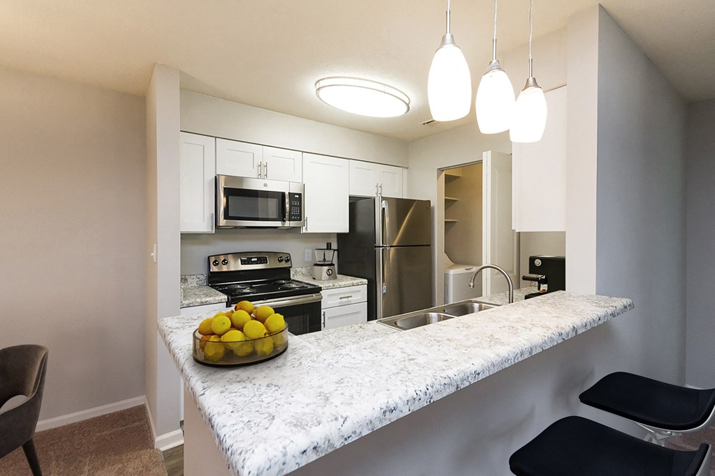 full kitchen with granite counter top and stainless steel appliances at the district flats apartments at Palmetto Place Apartments, Taylors, 29687