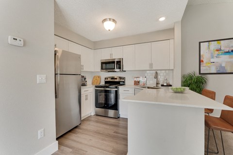 a kitchen with white cabinetry and stainless steel appliances at Palm Crossing Apartments in Winter Garden, FL
