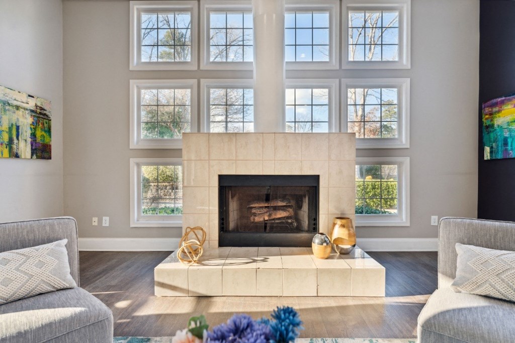 the living room of a house with a fireplace