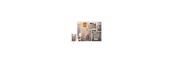 A small apartment with a bedroom, living room, and kitchen.