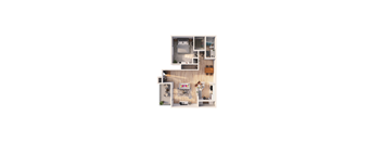 A top-down view of a small apartment layout with a kitchen, living room, and bedroom.