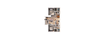 A top-down view of a small apartment with a kitchen, living room, and bathroom.
