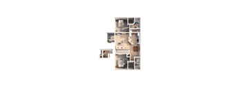 A 3D floor plan of a house with multiple rooms.