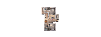 A top-down view of a house layout with a kitchen, living room, and bedrooms.