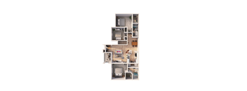A top-down view of a small apartment with a kitchen, living room, and bedroom.