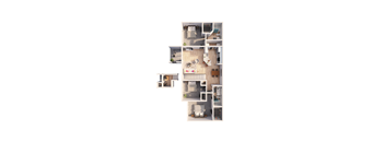 A floor plan of a house with a kitchen, living room, bedrooms and bathrooms.