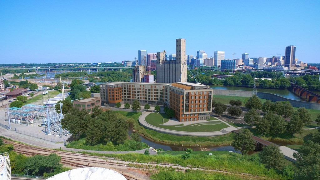 Artist rendering of the exterior of Hydro apartments on the James River