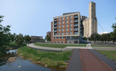 Artist rendering of the exterior of Hydro, a high rise apartment in Richmond, VA