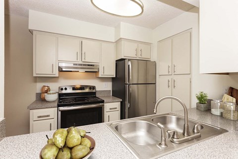 a kitchen with stainless steel appliances and a sink