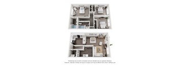Two images of a house layout with a kitchen, living room, and bedrooms.