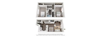 A floor plan of a small apartment with a kitchen, living room, and two bedrooms.