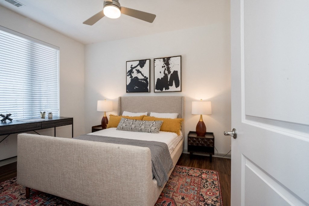 Bedroom With Ceiling Fan at East 51 At Rocketts Landing, Richmond, VA, 23231
