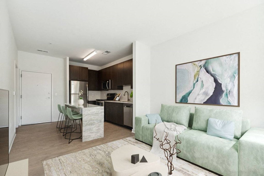 a living room with a couch and a table