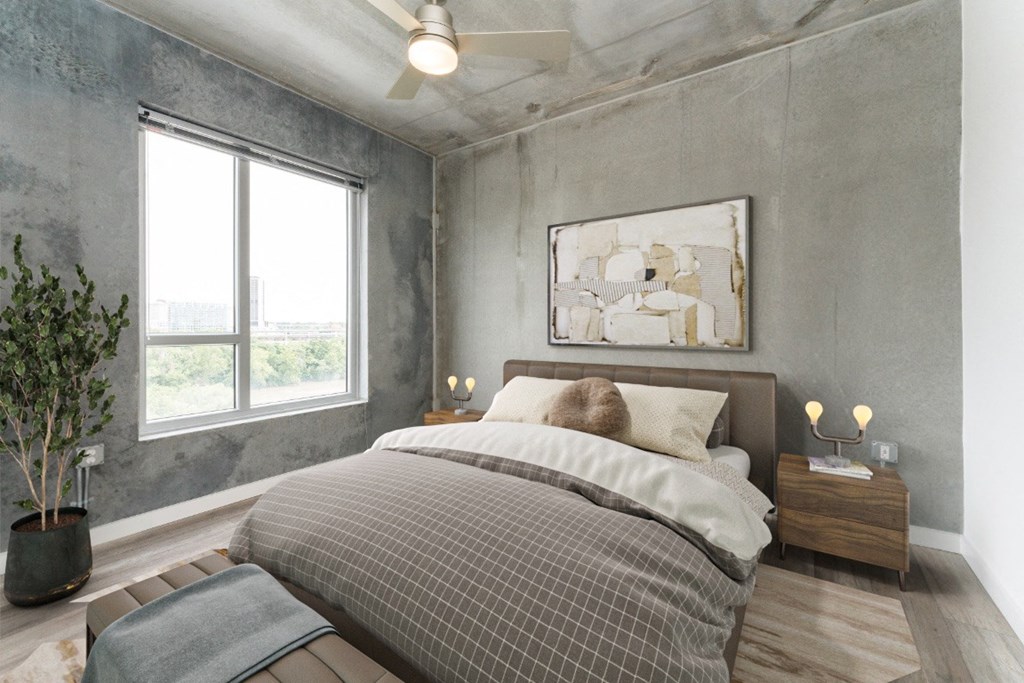 Bedroom with Bed and Large Window at South Falls Tower, Richmond, VA