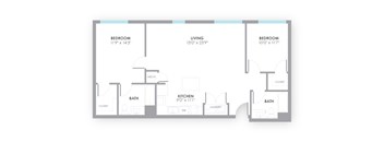 A floor plan of a home with three bedrooms, a living room, a kitchen, a bathroom, and a laundry area.
