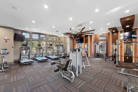 Spacious fitness center with cardio machines and strength-training equipment at The Loree Apartments in Jacksonville, FL