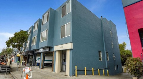 A blue building with a sign that says "2020" on it.