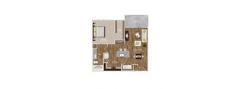 1 Bedroom and 1 Bathroom open floor plan unit with kitchen island, dry bar, and large balcony at Park at Rialto Apartments, San Antonio, 78257