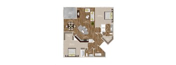 2 Bedroom and 2 Bathroom open dining and living space with kitchen island and balcony at Park at Rialto Apartments, Texas