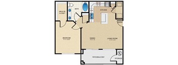 One Bedroom & One Bathroom with Walk-In-Closet. Open Floor Plan with Living Room and Dining Area, Kitchen Island, Private Patio with Storage.