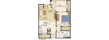One Bedroom & One Bathroom with Private Patio and Storage Closet. 647 Square Feet