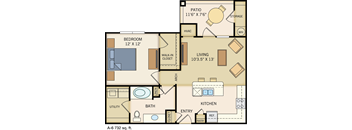 One Bedroom & One Bathroom. Open Floor Plan with Kitchen Island. Private Patio with Storage Closet. 732 Square Feet