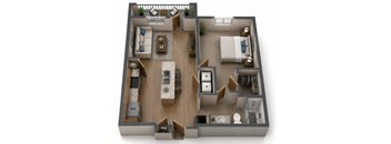 A 3D floor plan of a house showing a living room, dining room, kitchen, and bathrooms.