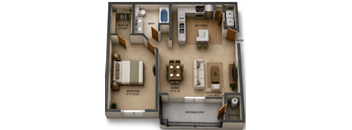One Bedroom & One Bathroom with Walk-In-Closet. Open Floor Plan with Living Room and Dining Area, Kitchen Island, Private Patio with Storage.