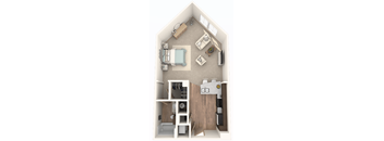 A 3D rendered image of a small apartment layout.