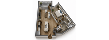 One bedroom and One Bathroom with Kitchen Island. 786 Square Feet