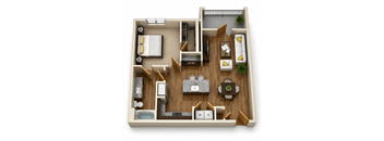 A floor plan of a small apartment with a kitchen, living room, and bathroom.