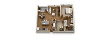 A top-down view of a well-organized apartment layout with labeled sections.