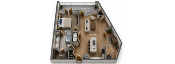 One bedroom and one bathroom with Kitchen Island. Features Den and private balcony. 1037 Square Feet