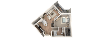 A 3D floor plan of a house showing a kitchen, living room, dining room, and bathroom.