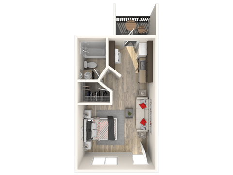 A top-down view of a house layout with a kitchen, living room, and bathroom.