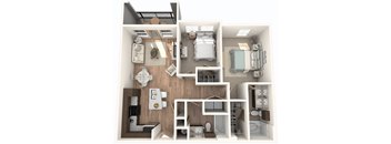A 3D floor plan of a house showing a kitchen, living room, dining room, and bedrooms.